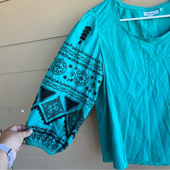 Chico's Green Tribal Bubble Sleeve Blouse - Size L Boho Hippie Peasant - Picture 2 of 5